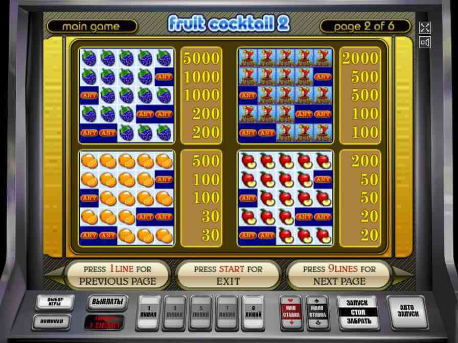 Таблица выплат в слоте Fruit Cocktail 2